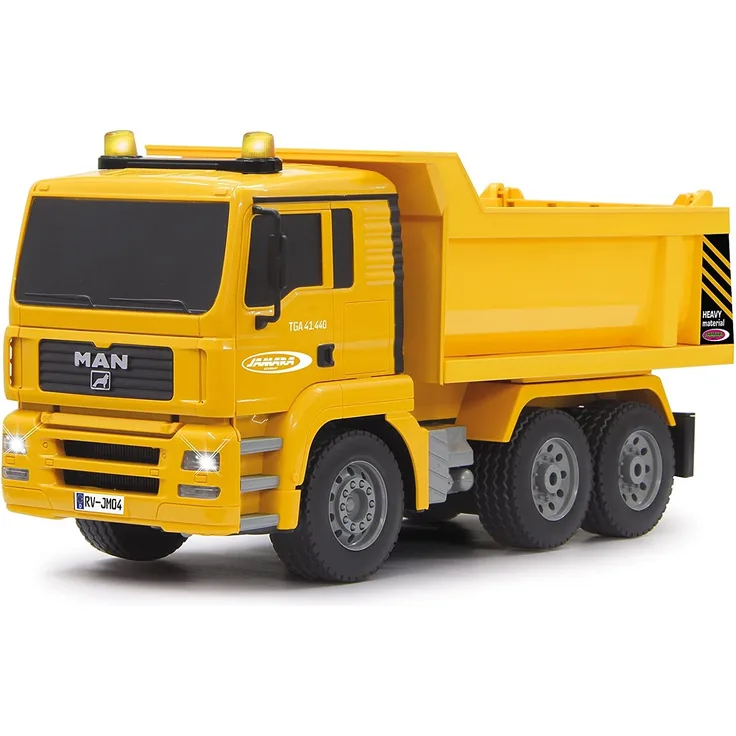 Jamara 405002 - Muldenkipper MAN 1:20 2,4G - Kippmulde hoch / runter, realistischer Motorsound, Hupe, Rückfahrwarnsound, 4 Radantrieb, gelbe LED Signallichter, programmierbare Funktionen