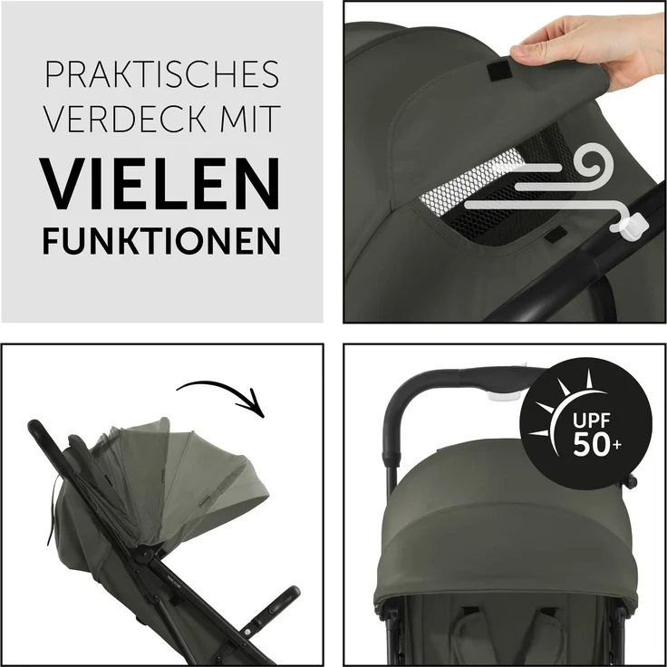 hauck Reise Buggy Travel N Care, für Kinder, bis 25 kg Belastbar, Leicht, Kompakt, Komfortable Sitz-/Liegefunktion, Leichtlaufräder, Federung, UV-Schutz 50+, Einhändig Klein Faltbar, Olive Grün – Bild 3