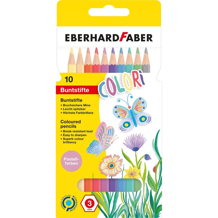Eberhard Faber 514810 - Colori Buntstifte in 10 Pastell Farben, hexagonale Form, im Kartonetui, zum Malen, Illustrieren und Zeichnen