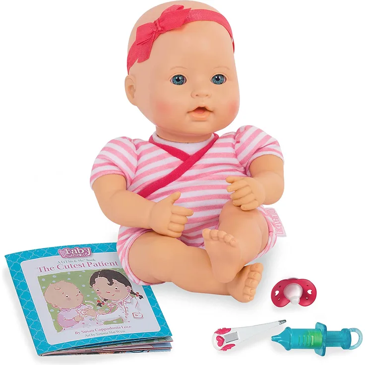 Baby Sweetheart Baby Puppe mit Kleidung, Schnuller und Zubehör zum Arztbesuch – Weiche Puppe und Bilderbuch auf Englisch – Spielzeug ab 2 Jahre