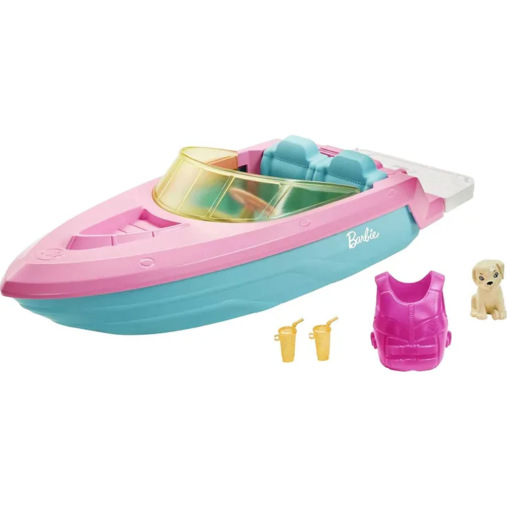 Barbie GRG29 - Barbiemit Hündchen und Zubehörteilen, Platz für 3 Puppen, schwimmt auf dem Wasser, tolles Geschenk für Kinder von 3 bis 7 Jahren