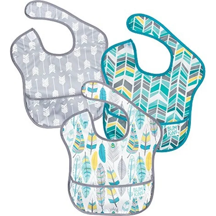 Bumkins SuperBib, Baby-Lätzchen, wasserdicht, waschbar, flecken- und geruchsresistent, 6-24 Monate, 3er-Pack – Pfeil, Feder, Feder