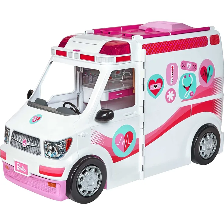Barbie FRM19 - 2-in-1 Krankenwagen, aufklappbares Fahrzeug mit Licht und Geräuschen, Puppen Spielset mit Zubehör, Mädchen Spielzeug ab 3 Jahren, Mehrfarbig, Norme
