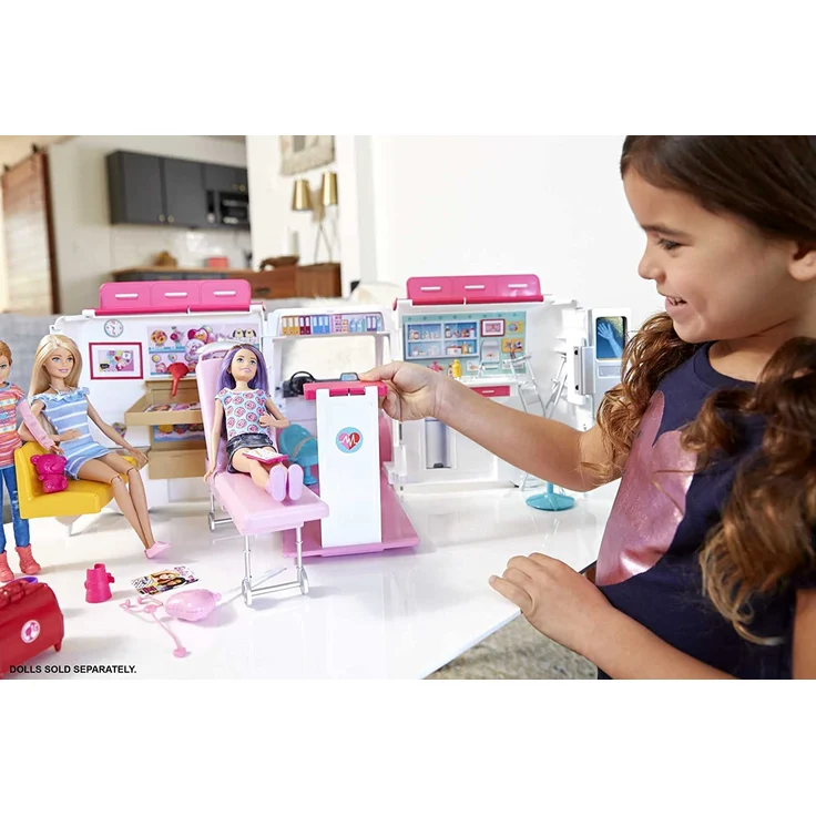 Barbie FRM19 - 2-in-1 Krankenwagen, aufklappbares Fahrzeug mit Licht und Geräuschen, Puppen Spielset mit Zubehör, Mädchen Spielzeug ab 3 Jahren, Mehrfarbig, Norme – Bild 2