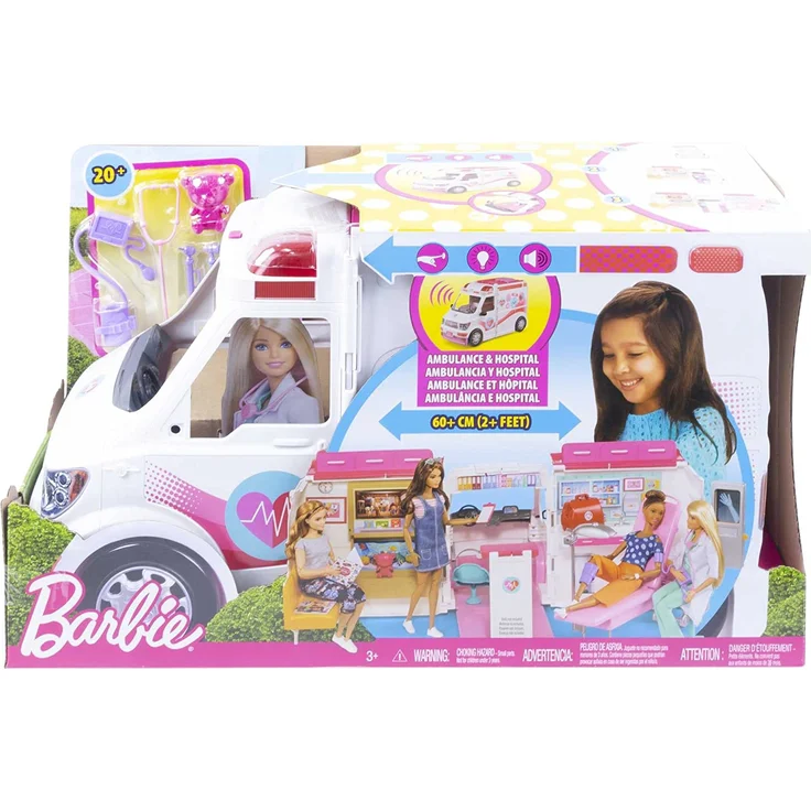 Barbie FRM19 - 2-in-1 Krankenwagen, aufklappbares Fahrzeug mit Licht und Geräuschen, Puppen Spielset mit Zubehör, Mädchen Spielzeug ab 3 Jahren, Mehrfarbig, Norme – Bild 6