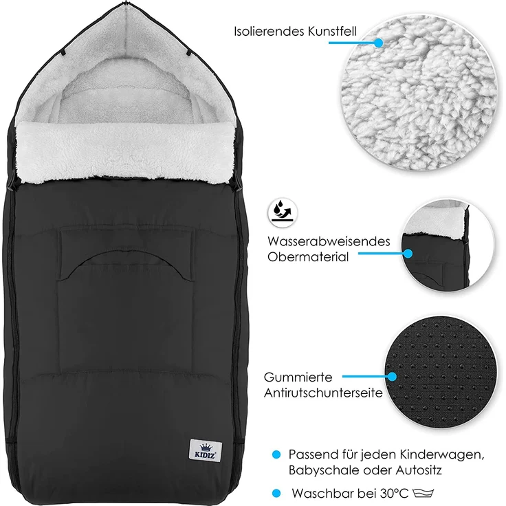 KIDIZ® Babyfußsack Baby Fußsack Winterfußsack Babyschale mit Reißverschluss Kuschelsack Babydecke Kinderwagen waschbar verschließbarer Kopfteil ,Tasche, passend für alle Kinderwagen Schwarz - Preisvergleich – Bild 3