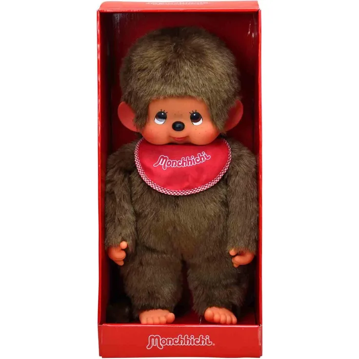 Sekiguchi 255410 - Original Monchhichi Junge, aus braunem Plüsch, mit rotem Lätzchen, ca. 45 cm
