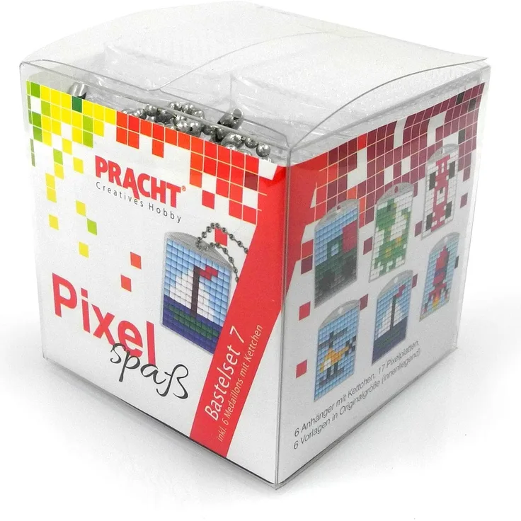 Pixel P90014-63501 Spaß Bastelset 7, zur Gestaltung von 6 Schlüsselanhängern (Medaillons) für Kinder, kinderleichtes Stecksystem, ohne Bügeln und Kleben, Steinchen aus Biokunststoff