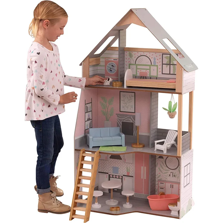KidKraft 10229 Alina Puppenhaus aus Holz mit Möbeln und Zubehör, Spielset mit drei Spielebenen für 30 cm große Puppen