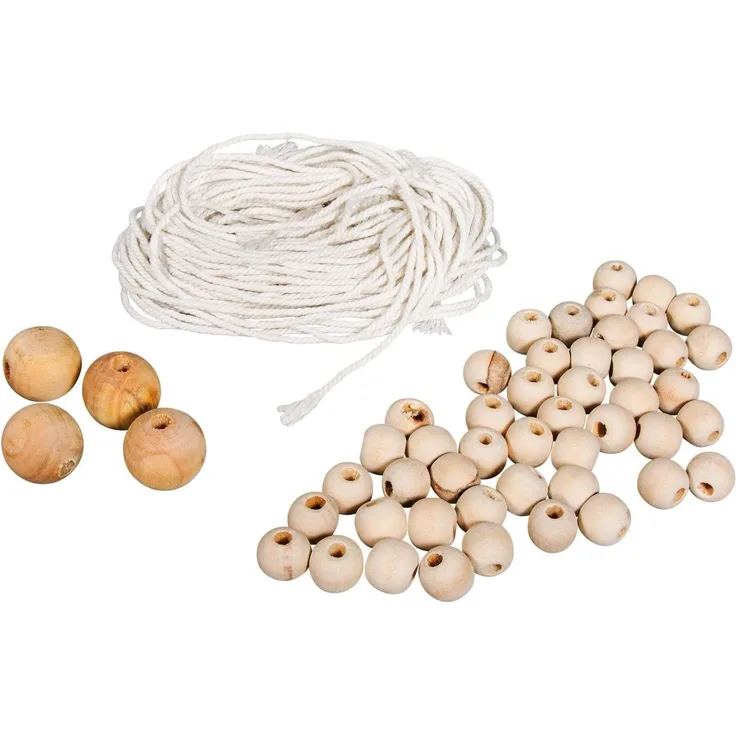 Rayher 42007000 Bastelpackung: Holzperlen und Garn f. Makramee, natur
