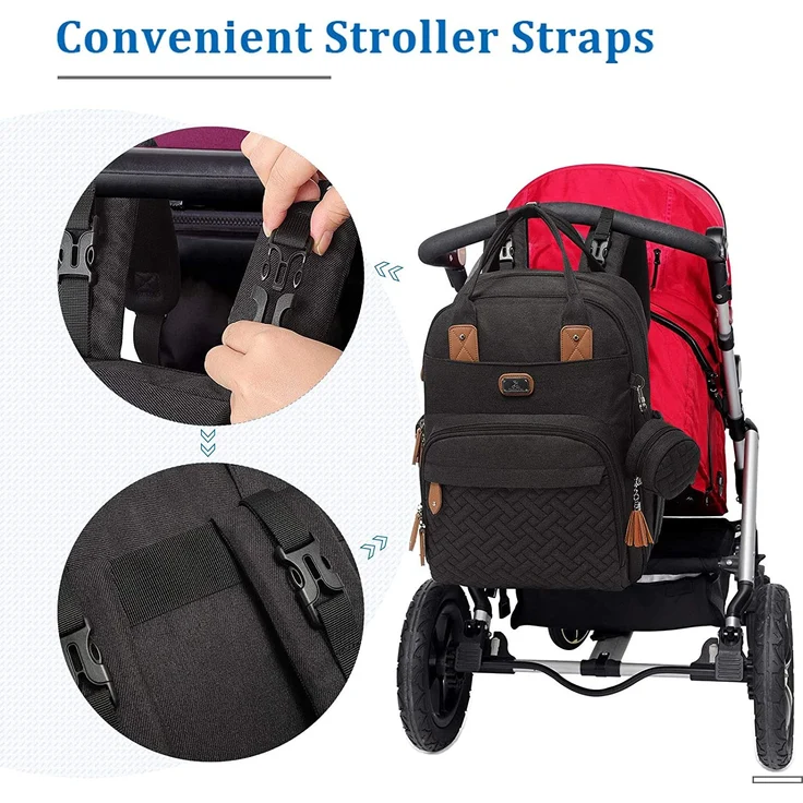 Wickeltasche Rucksack - Dikaslon Großer Wickelrucksack mit Multifunktions-Babytaschen und mobiler Wickelauflage - Schnullerhalter und Kinderwagengurte - für Mama und Papa (schwarz) – Bild 8