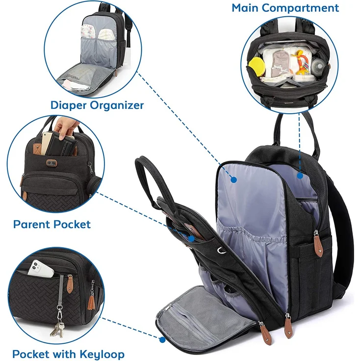 Wickeltasche Rucksack - Dikaslon Großer Wickelrucksack mit Multifunktions-Babytaschen und mobiler Wickelauflage - Schnullerhalter und Kinderwagengurte - für Mama und Papa (schwarz) – Bild 3