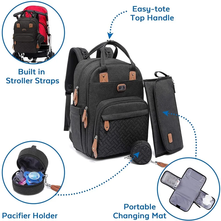 Wickeltasche Rucksack - Dikaslon Großer Wickelrucksack mit Multifunktions-Babytaschen und mobiler Wickelauflage - Schnullerhalter und Kinderwagengurte - für Mama und Papa (schwarz) – Bild 2