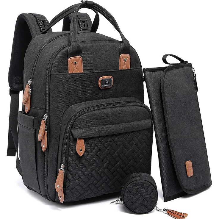 Wickeltasche Rucksack - Dikaslon Großer Wickelrucksack mit Multifunktions-Babytaschen und mobiler Wickelauflage - Schnullerhalter und Kinderwagengurte - für Mama und Papa (schwarz) – Bild 1