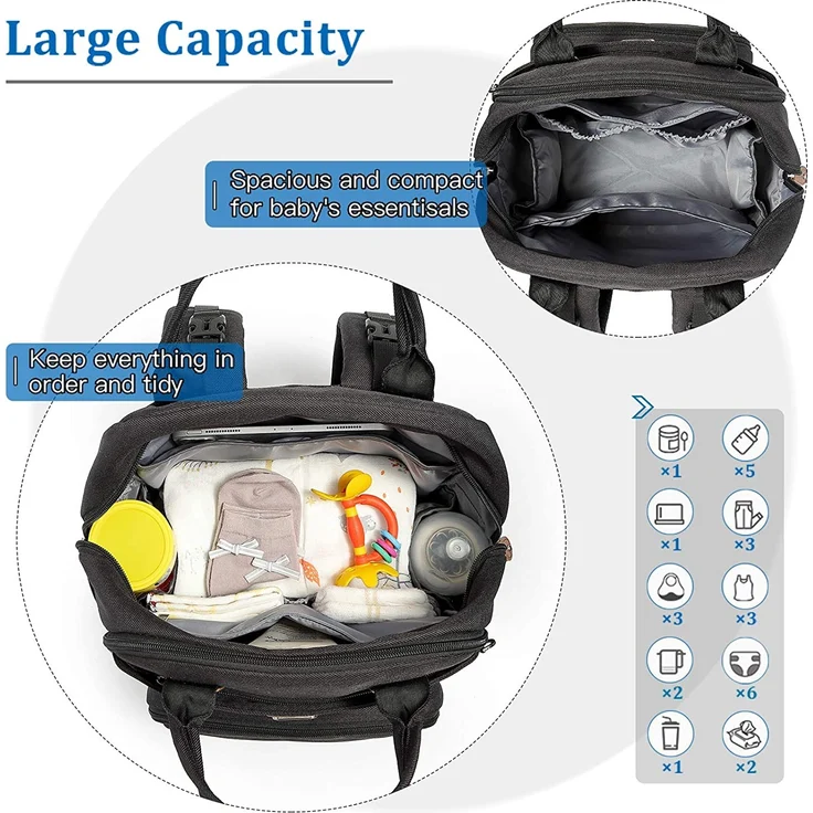 Wickeltasche Rucksack - Dikaslon Großer Wickelrucksack mit Multifunktions-Babytaschen und mobiler Wickelauflage - Schnullerhalter und Kinderwagengurte - für Mama und Papa (schwarz) – Bild 7
