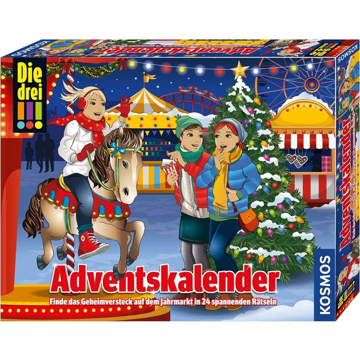 KOSMOS 634070 - Die drei !!! Adventskalender 2019, Finde das Geheimversteck auf dem Jahrmarkt in 24 spannenden Rätseln, Mit 24 Detektiv-Gimmicks, Interaktiver Spielzeug-Adventskalender für Kinder ab 8