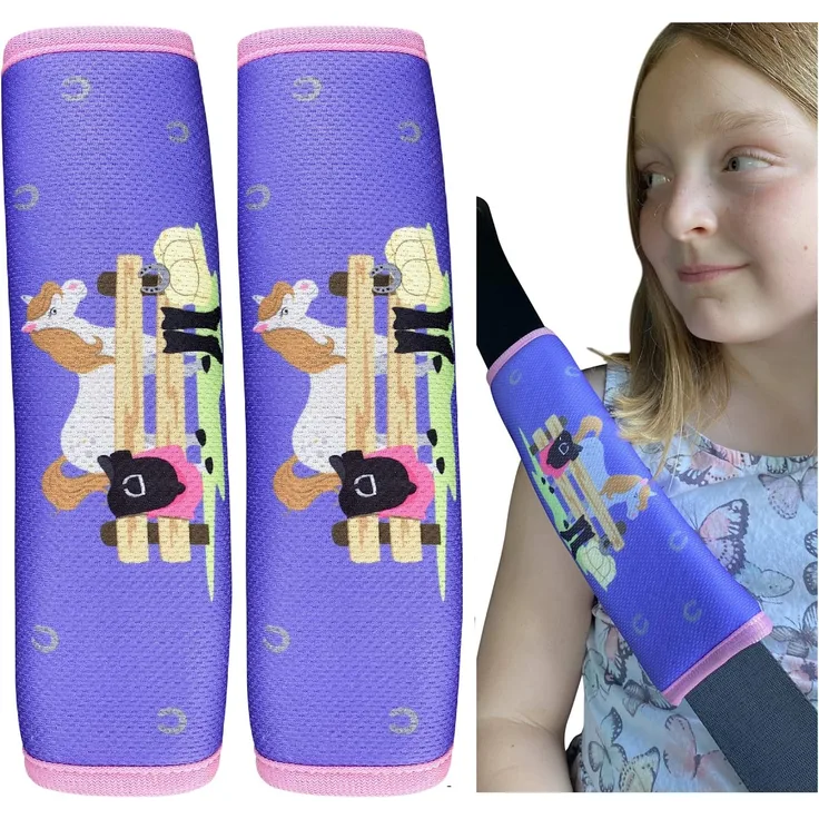 HECKBO® 2x Auto Gurtschutz mit niedlichen Pferd Pony Bauernhof Motiv - Sicherheitsgurt Schulterpolster Gurtschoner Autositze Gurtpolster für Kinder, Mädchen - Schutz vor dem Einschneiden