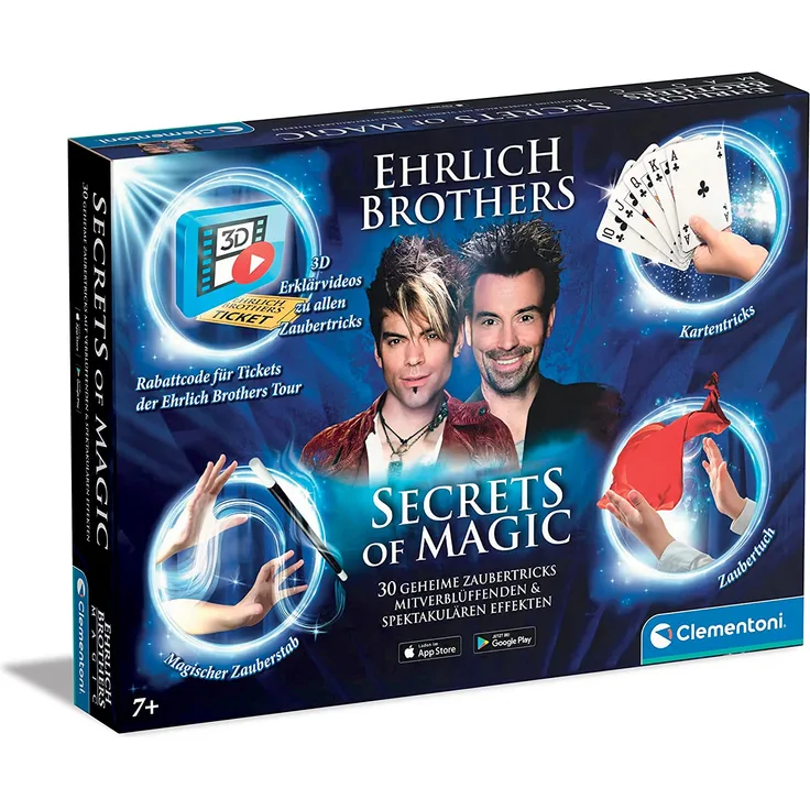 Clementoni 59048 Ehrlich Brothers Secrets of Magic, Zauberkasten für Kinder ab 7 Jahren, magisches Equipment für 30 verblüffende Zaubertricks, inkl. 3D Erklärvideos