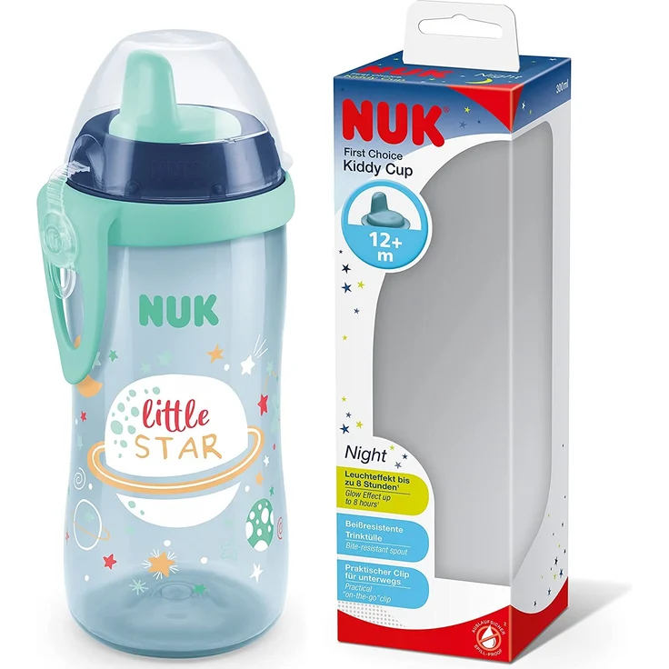 NUK Kiddy Cup Night Trinklernflasche | Schnabeltasse mit Leuchteffekt | 12+ Monate | Auslaufsicher mit harter Trinktülle | Clip und Schutzkappe | BPA-frei | 300 ml | Planeten (blau), 10255678 – Bild 1