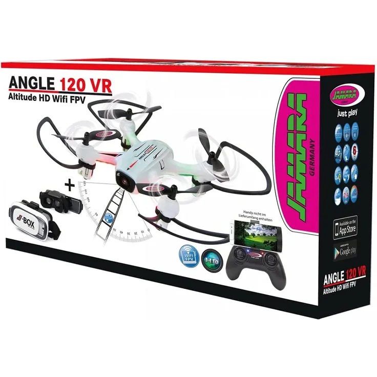 Angle 120 Altitude HD Wifi VR, inkl. VR-Brille, Altitude Hold Adjustment, Kompass/Flyback, Track following - Flugbahn-Planung-Modus,120° Weitwinkel-Kamera,Unterspannungswarnung,40 KM/h