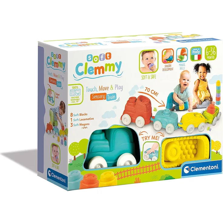Clementoni Soft Clemmy, Sensorzug Playset mit weichen Bausteinen, waschbar, 6 Monate, 17424 Mehrfarbig