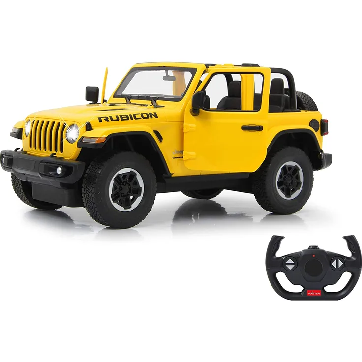 Jamara 405178 Jeep Wrangler JL 1:14 gelb 2,4GHz Tür manuell-offiziell lizenziert, bis 1 Std Fahrzeit, ca. 11 Kmh, perfekt nachgebildete Details, detaillierter Innenraum, LED Licht