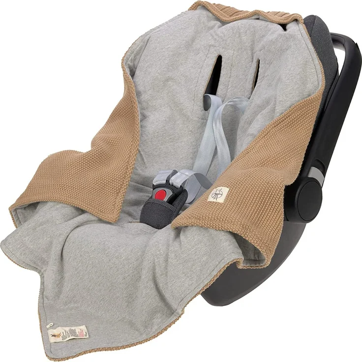 LÄSSIG Baby Strickdecke für Autositz Autositzdecke Einschlagdecke Babyschale 100% Bio-Baumwolle GOTS sand – Bild 1