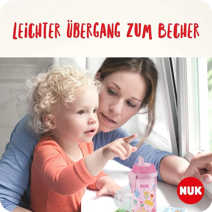NUK First Choice Kiddy Cup Trinklernbecher | 12+ Monate | auslaufsichere | beißresistenter Trinkschnabel | Clip & Schutzkappe | 300 ml | BPA-frei | Giraffe (pink), 10255669 – Bild 2
