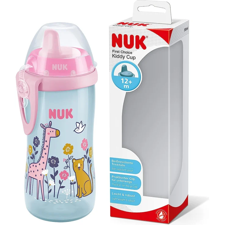 NUK First Choice Kiddy Cup Trinklernbecher | 12+ Monate | auslaufsichere | beißresistenter Trinkschnabel | Clip & Schutzkappe | 300 ml | BPA-frei | Giraffe (pink), 10255669 – Bild 1