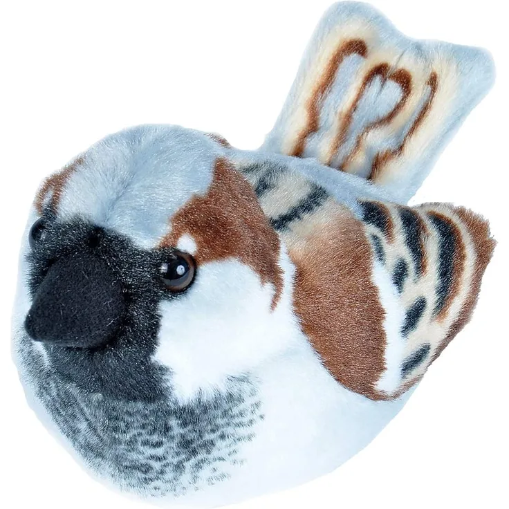Wild Republic BIRD19599 Plüschvogel Spatz, Haussperling mit authentischem Originalgesang, Kuscheltier, 13 cm Haus Plüschtier, braun-schwarz-weiß
