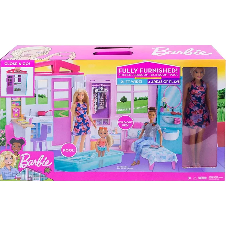 Barbie GWY84 - Ferienhaus mit Puppe, Möbeln und Pool, portables Puppenhaus ca. 46 cm hoch mit Tragegriff, Puppenzubehör Spielzeug ab 3 Jahren, Abweichungen in Verpackung vorbehalten – Bild 5