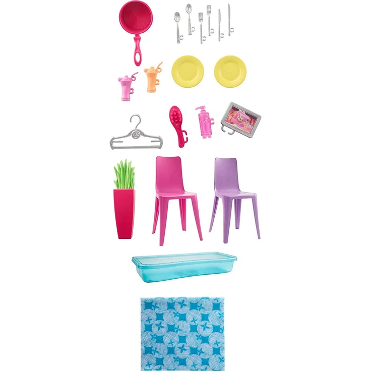 Barbie GWY84 - Ferienhaus mit Puppe, Möbeln und Pool, portables Puppenhaus ca. 46 cm hoch mit Tragegriff, Puppenzubehör Spielzeug ab 3 Jahren, Abweichungen in Verpackung vorbehalten – Bild 3