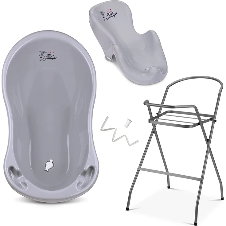 Babykajo Badewanne, Eule Grau inkl. Sitz, Gestell und Thermometer – Bild 1