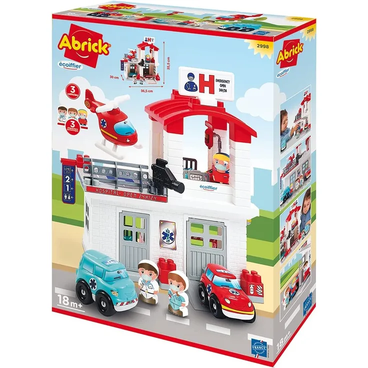 Ecoiffier – Abrick Spielset Krankenhaus – 65-teiliges Baustein-Set, mit Hubschrauber, Spielzeugautos, Arzt, Schwester, für Kinder ab 18 Monaten