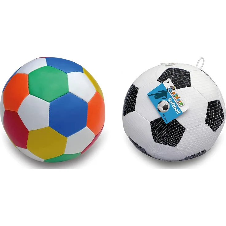 alldoro 60305 Softball Ø 10 cm, 1 Fußball 1 Ball, Softfußball aus Schaumstoff, Kinderball für Drinnen und Draußen, Spielball für Kinder und Babys ab 0 Monaten, 2er Set Schwarz/Weiß + Bunt