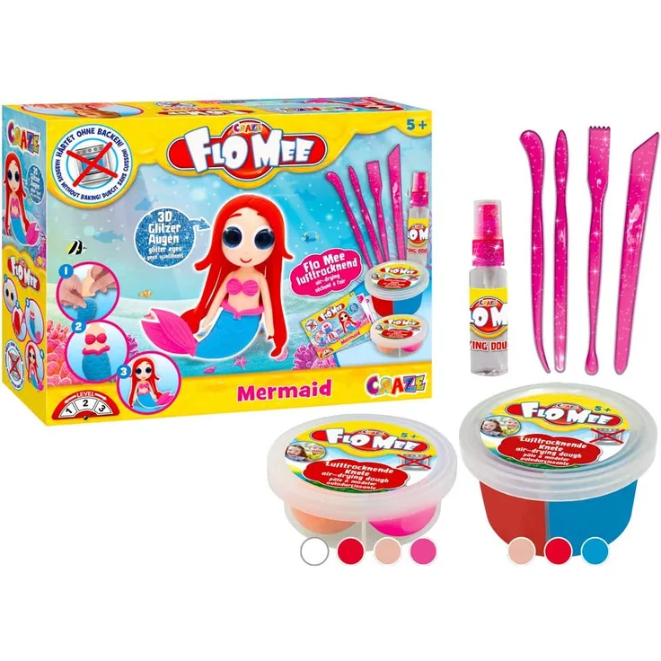 CRAZE FLO MEE Mermaid FloMee Meerjungfrau Set lufttrocknende flauschige Modelliermasse Knete für Kinder auf Wasserbasis 19771
