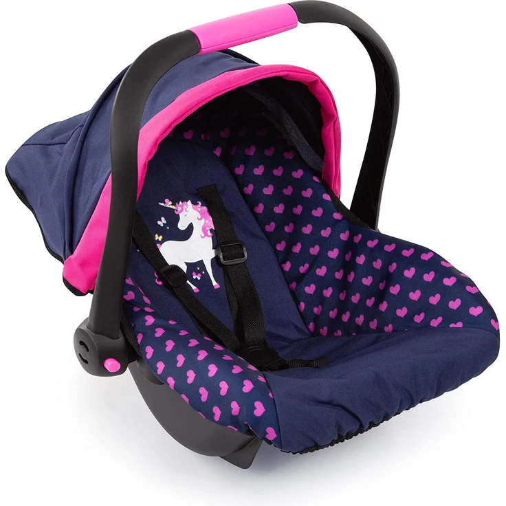 Bayer Design 67954AA Puppen-Autositz EasyGo, Puppenzubehör, passend zu Vario-Puppenwagen, mit Abdeckung, blau mit Herzenmuster und Einhornmotiv - Preisvergleich – Bild 1