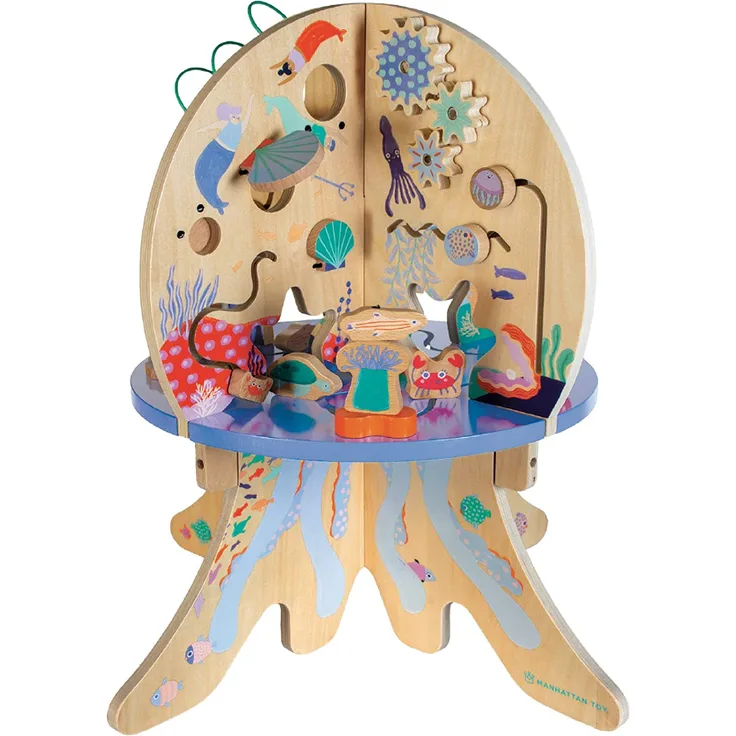 Manhattan Toy Deep Sea Adventure Aktivitätszentrum für hölzerne Kleinkinder mit klappernden Muscheln, sich drehenden Zahnrädern, Segelflugzeugen und Perlenläufen