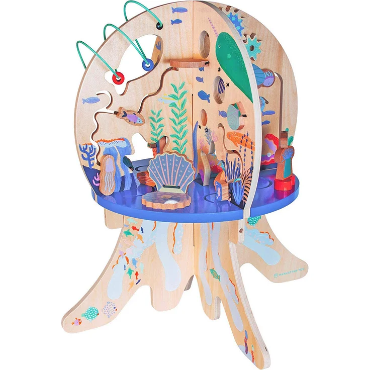 Manhattan Toy Deep Sea Adventure Aktivitätszentrum für hölzerne Kleinkinder mit klappernden Muscheln, sich drehenden Zahnrädern, Segelflugzeugen und Perlenläufen – Bild 2