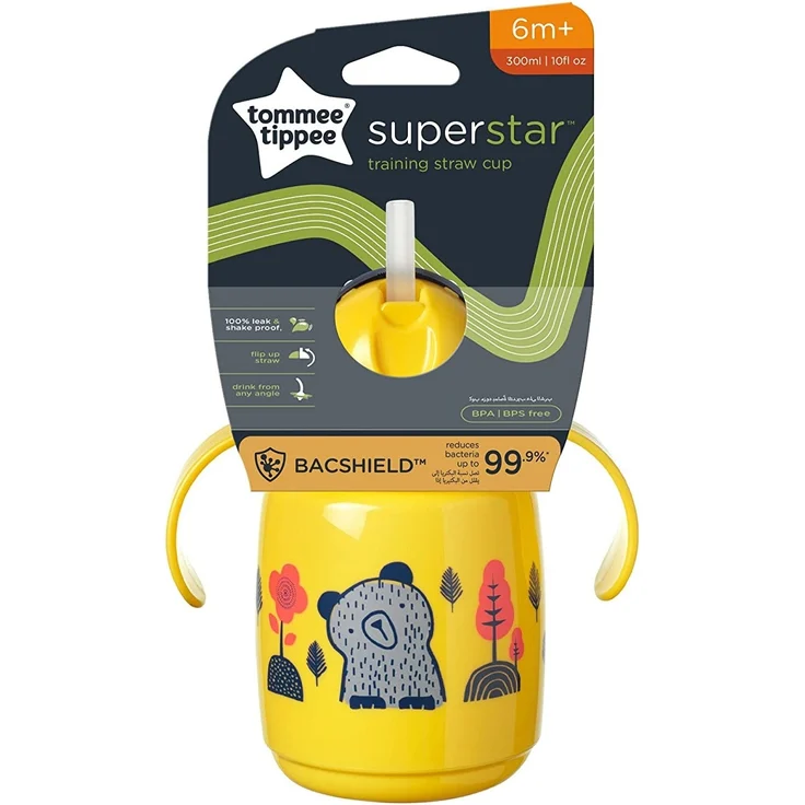 Tommee Tippee Superstar Weighted Strohbecher für Kleinkinder mit INTELLIVALVE 100% auslaufsicherer Technologie und hygienischer antibakterieller BACSHIELD-Technologie, 6 m+, 300 ml, 1 Stück, gelb – Bild 2