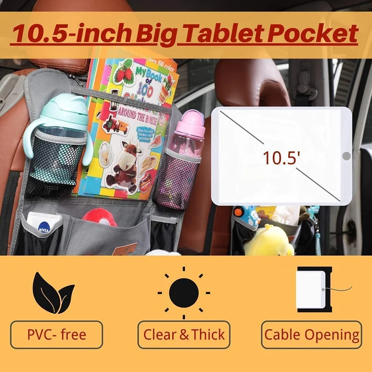 SURDOCA Autositz-Organizer – 4th Generation verbesserter Auto-Organizer Rücksitz für bis zu 10,5 iPad, 9 Taschen, Kinderspielzeug-Aufbewahrung, wasserdichter Rücksitzschutz für Kinder,Grau,1 Stück – Bild 4