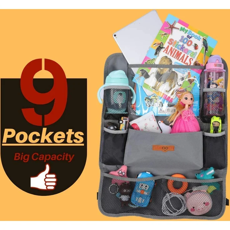 SURDOCA Autositz-Organizer – 4th Generation verbesserter Auto-Organizer Rücksitz für bis zu 10,5 iPad, 9 Taschen, Kinderspielzeug-Aufbewahrung, wasserdichter Rücksitzschutz für Kinder,Grau,1 Stück – Bild 3