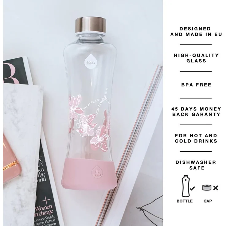EQUA Glasflasche Magnolia 0,55l Trinkflasche aus Glas 550 ml Sportflasche mit Silikonboden Flasche mit Silikonhülle Designer Trinkflasche für unterwegs und Büro – Bild 2