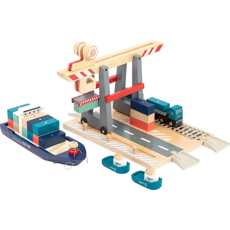 small foot 11378 Coontainerterminal aus Holz, mit beweglicher Containerbrücke und Zubehör, ab 3 Jahren – Bild 4