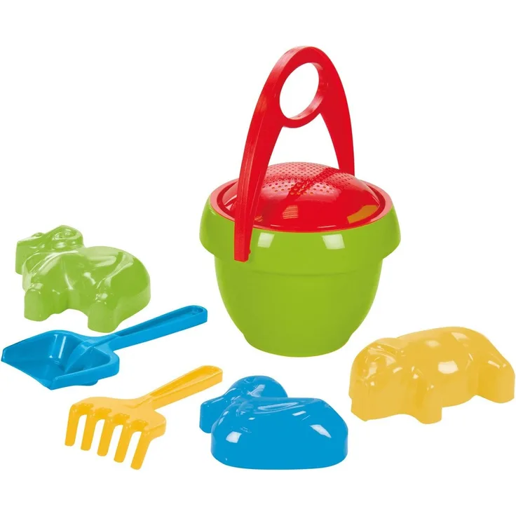 Lena 5320 Happy, 7 Teile, Sand und Wasser Spielset für Kinder ab 2 Jahre, mit Sandeimer, Sieb, 3 Sandförmchen, Sandschaufel und Rechen aus Kunststoff, Sandspielzeug Eimergarnitur, Mehrfarbig