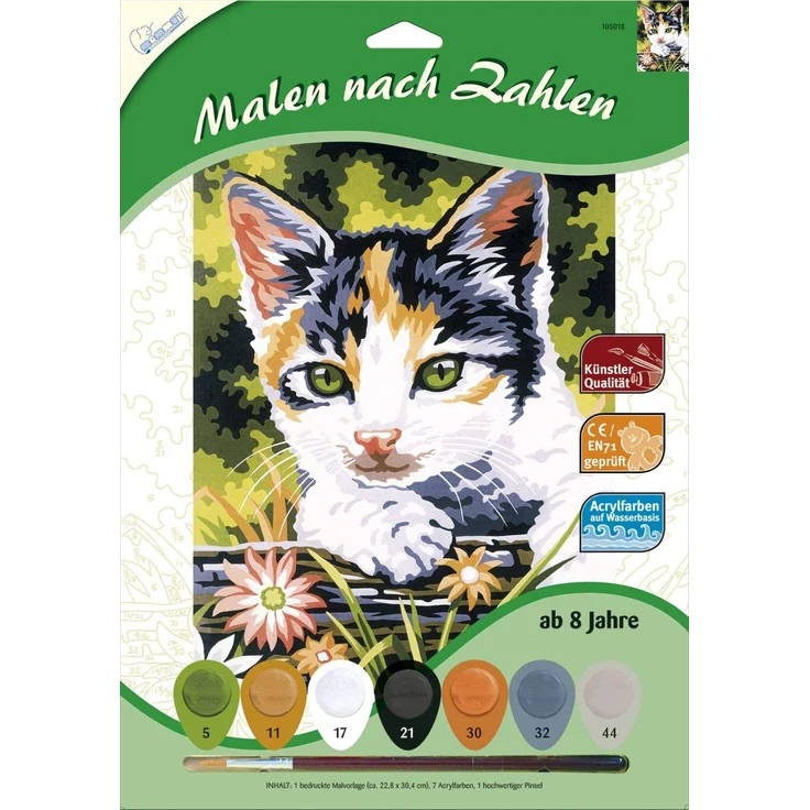 MAMMUT 105018 - Malen nach Zahlen Tiermotiv, Kätzchen, Katze, Komplettset mit bedruckter Malvorlage im A4 Format, 7 Acrylfarben und Pinsel, Malset für Kinder ab 8 Jahre – Bild 1