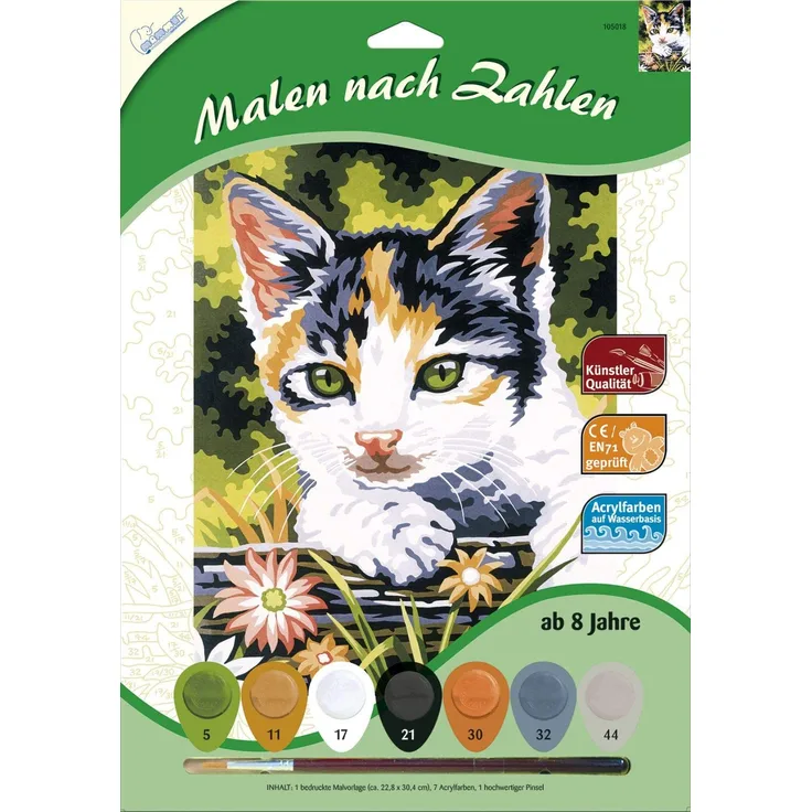 MAMMUT 105018 - Malen nach Zahlen Tiermotiv, Kätzchen, Katze, Komplettset mit bedruckter Malvorlage im A4 Format, 7 Acrylfarben und Pinsel, Malset für Kinder ab 8 Jahre