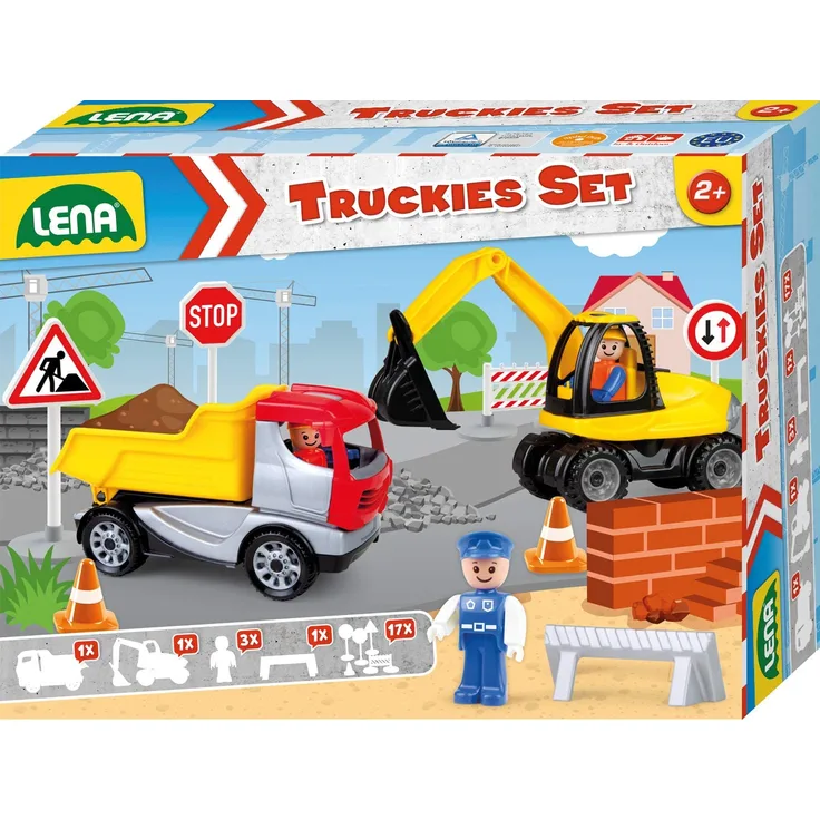 Lena 01631 Truckies Set Baustelle 23 teilig, Inhalt: Muldenkipper LKW 22 cm, Bagger ca, 25 cm, 3 Spielfiguren und 17 Verkehrsschilder & Pylone, Baufahrzeuge & Figuren für Kinder ab 2 Jahren - Preisvergleich