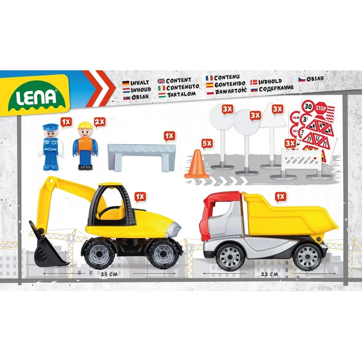 Lena 01631 Truckies Set Baustelle 23 teilig, Inhalt: Muldenkipper LKW 22 cm, Bagger ca, 25 cm, 3 Spielfiguren und 17 Verkehrsschilder & Pylone, Baufahrzeuge & Figuren für Kinder ab 2 Jahren - Preisvergleich – Bild 5