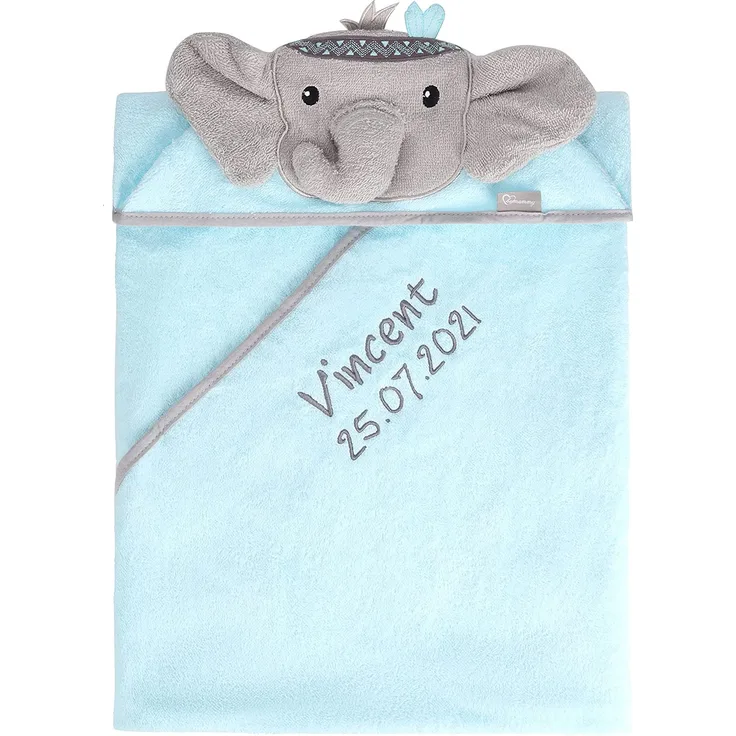 Be Mammy Kapuzenhandtuch Babyhandtuch aus Baumwolle bestickt mit Name und Geburtsdatum 95cm x 95cm BE20-282-BBL (Blau - Elefant)
